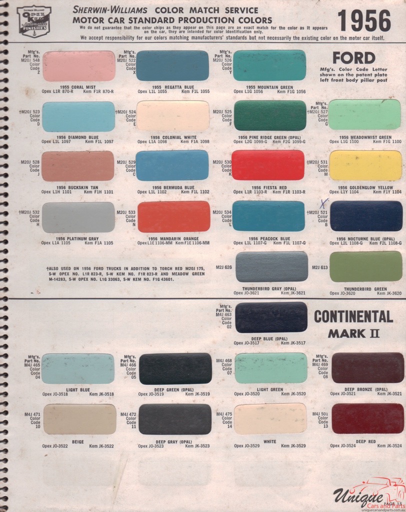 1956 Ford Paint Charts Williams